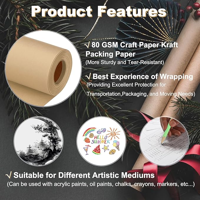 PATIKIL Wrapping Paper, 15"x315"(26') Bulletin Board Paper Roll Kraft Paper Roll Construction 80GSM for Shipping Packing Gift Wrapping Craft Flower Bouquet Christmas, Brown