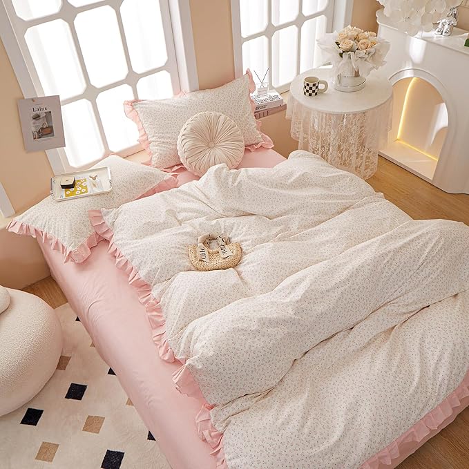 Pink Floral Ruffle Duvet Cover Twin 100% Cotton Pink Flower Duvet Cover Girls Romantic Comforter Cover Princess Lace Coquette Bedding Set Vintage Aesthetic Bedding Cute Flower Comforter Cover Twin