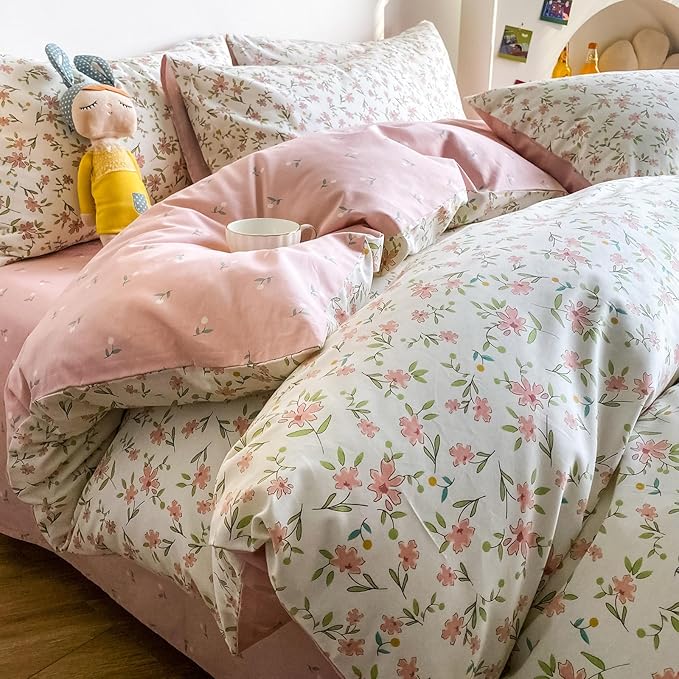 HighBuy Soft Cotton Floral Duvet Cover Twin XL White with Pink Floral Print,Garden Style Botanical Coquette Bedding Comforter Cover Bedding Set,Cottagecore 1 Twin XL Duvet Cover,2 Pillowcases