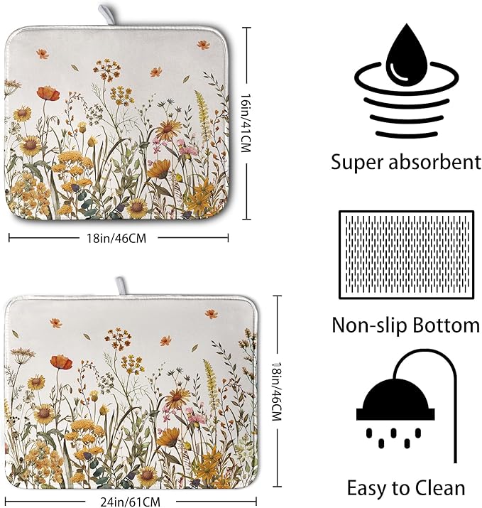 Fall Floral Dish Drying Mat for Kitchen Counter Autumn Burnt Orange Wild Flowers Dish Draining Mat Absorbent Microfiber Dishes Pad Washable Dish Drainer Rack Mat Medium 16"x18"