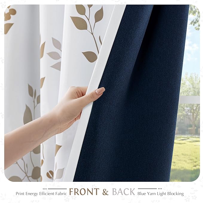 Beauoop Floral 100% Blackout Curtains 108 Inches Long 2 Panels for Bedroom Living Room Tan Brown and White Flower Patterned Room Darkening Thermal Soundproof Grommet Window Treatments Drapes, 52X108
