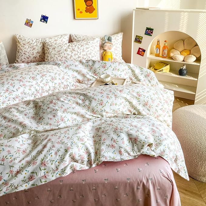 LifeTB Vintage Pink Floral Comforter Set Queen 3 Pieces Cute Pink Flower Bedding Comforter for Teen Girls Botanical Comforter Queen Floral Leaves Pattern Bedding Set Boho Farmhouse Bed Comforter Set
