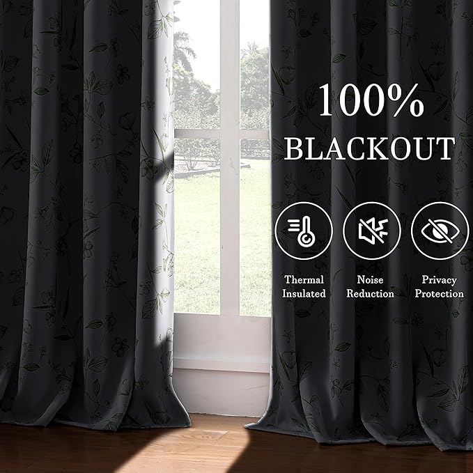 ChrisDowa 100% Blackout Floral Curtains 63 Inches Long 2 Panels for Bedroom Living Room Sage Green Flower Patterned Room Darkening Thermal Insulated Soundproof Grommet Window Treatments Drapes,52X63