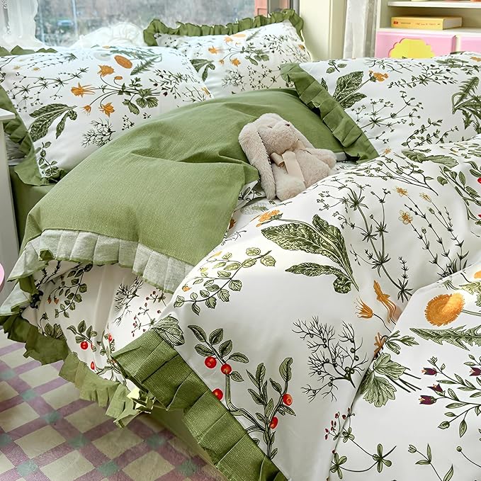Queen Comforter Set Green Floral Comforter Queen Size Cute Flower Plants Botanical Comforter Romantic Girls Ruffle Lace Bedding Set Comfy Fluffy Soft Cottagecore Comforter Set with 2 Pillowcases