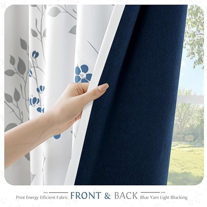Beauoop Floral 100% Blackout Curtains 63 Inch Length 2 Panels for Bedroom Living Room Blue Grey and White Flower Patterned Room Darkening Thermal Soundproof Rod Pocket Back Tab Window Drapes, 52X63