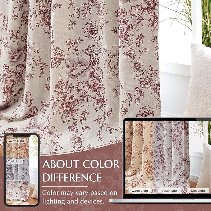 jinchan Blackout Floral Curtains Linen Blend Curtain for Living Room 96 Inch Length Christmas Brick Red Flower Printed Drapes for Bedroom Rod Pocket Back Tab Farmhouse Curtains Set 2 Panels