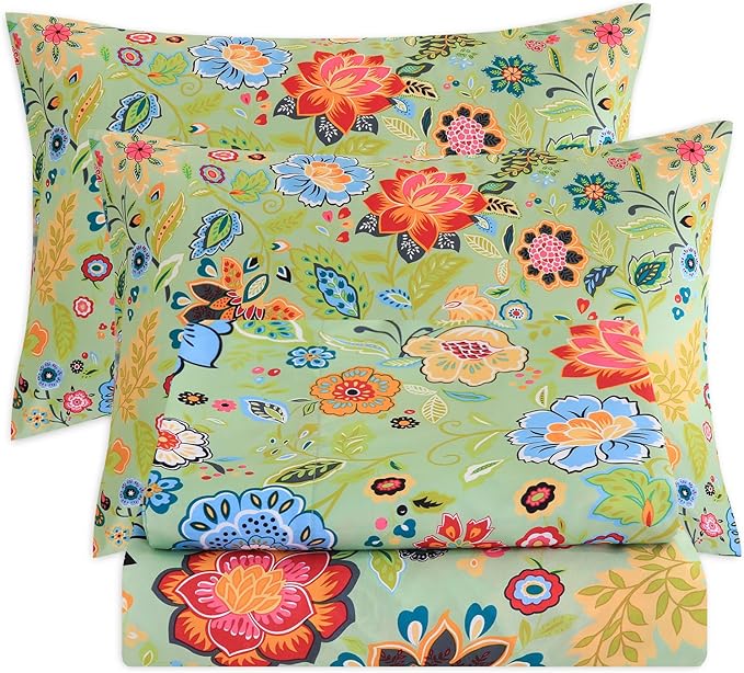 Bedlifes Twin Sheet Set Ultra Soft, Breathable, Silky Flower Deep Pocket 100% Microfiber Bedding, 3 Piece Twin Size with Floral Sage Green