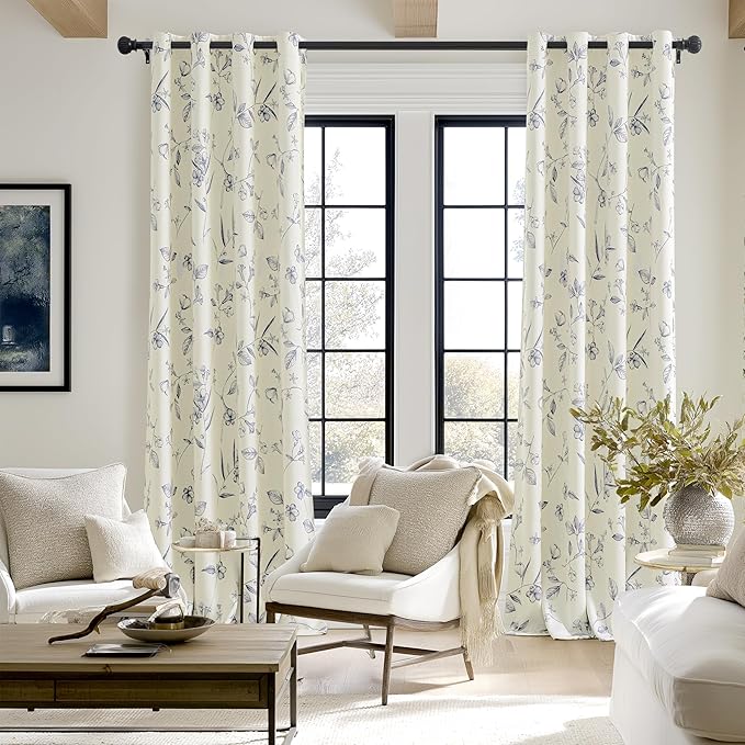 ChrisDowa Beige 100% Blackout Curtains 108 Inches Long 2 Panels for Bedroom Living Room Navy Blue Flower Patterned Room Darkening Thermal Insulated Soundproof Grommet Window Treatments Drapes,52X108