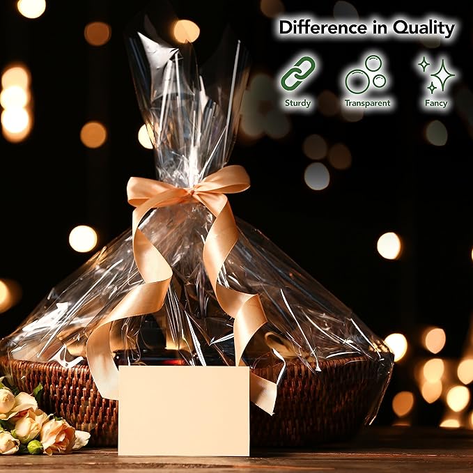 Extra Large Cellophane Gift Bags 35 x 47 Inch (25 Pack) — Clear Basket Wrap Bags for Gift Baskets, Holiday Packaging, Party Favors, DIY Gifts (Ribbon & Basket Not Included)