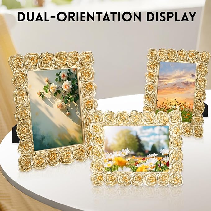 Gold Picture Frames, Rose Ornate 5x7 Photo Frame, Vintage Carved Floral Textured Hand-Crafted Picture Frame with Glass Front, Resin Photo Frames Tabletop or Wall Hanging, Pictures Display Frame for Home Decor