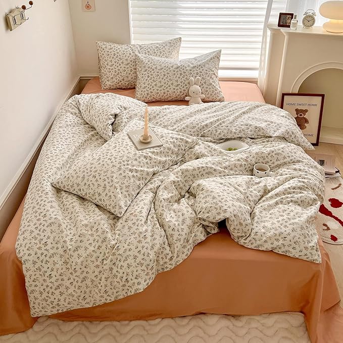 LifeTB Aesthetic Floral Duvet Cover King Cozy Boho Pink Flower Cotton Bedding Set Farmhouse Vintage Botanical Flower Duvet Cover Cute Floral Comforter Cover Girls Cottagecore Duvet Cover Set King