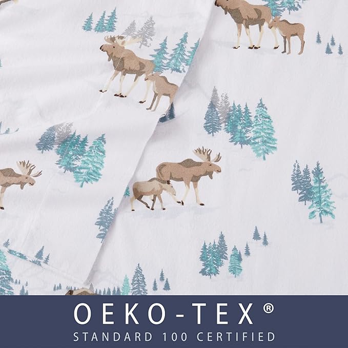 Market & Place 100% Turkish Cotton Flannel Sheet Set | 4 Piece Deep Pocket Novelty Cozy Winter Bed Sheets | Double Brushed for Extra Softness & Comfort | Alpine Collection (Full, Moose)