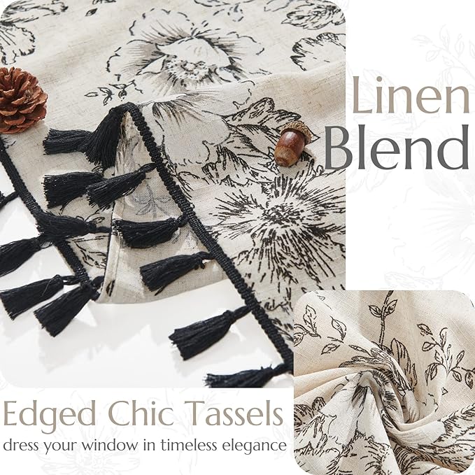 JINCHAN Linen Blend Floral Curtains for Living Room & Bedroom - 63 Inch Length Printed Curtains with Tassels & Rod Pocket - Farmhouse Rustic Peony Flower Patterned Drapes - Set of 2 Panels