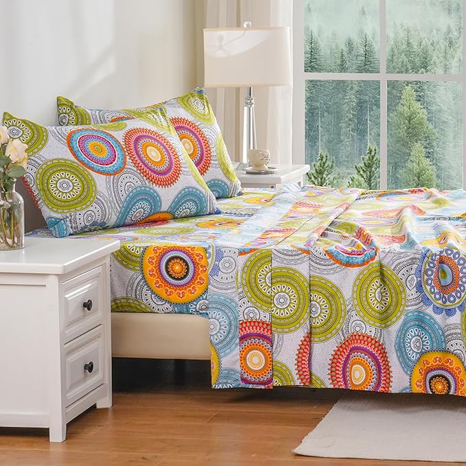 Bedlifes Twin Sheet Set Ultra Soft, Breathable, Silky Flower Deep Pocket 100% Microfiber Bedding, 3 Piece Twin Size Mandala Patterned