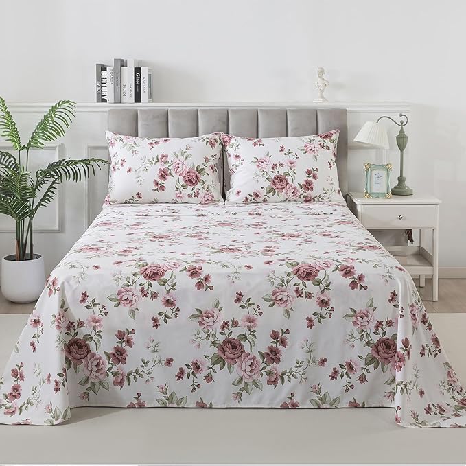 FADFAY Beige Vintage Floral King Size Sheets Set Premium 100% Cotton Shabby Brick Red Rose Pattern Bedding Set Deep Pocket Sheets with 2 Pillowcases Luxury Breathable Soft 4Pcs, King Size