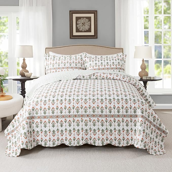 Travan 3-Piece Quilt Set Quilted Bedspread Lightweight Coverlet Set Garden Style Floral Printed Oversized Quilted Bedding Set for All Season, Orange Mirror, Queen Size