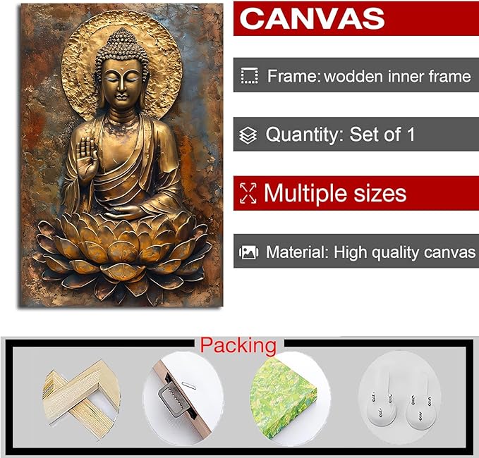 Buddha Wall Art Golden Buddha in Lotus Seat Serene spiritual statue radiant aura Meditation and mindfulness wall art suitable for sacred spaces 24x36in Wood Framed