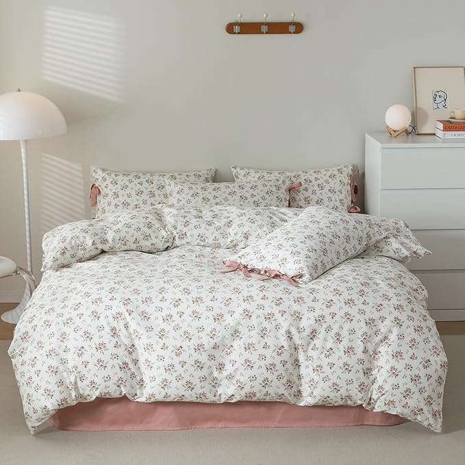 EAVD Vintage Style Garden Pink Floral Duvet Cover Twin XL White Soft Cotton Chic Shabby Pink Floral Bedding Set with 2 Pillowcases Reversible Fresh Botanical Duvet Cover with Zipper Closure