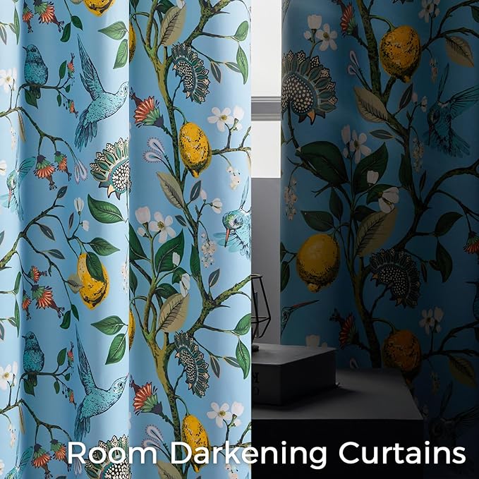 Light Blue Rustic Pinch Pleated Curtains 96 Inches Long for Living Room Bedroom Blackout Vintage Art Deco Anthropologie Vintage Floral Lemon Hummingbird Drape 2 Panels