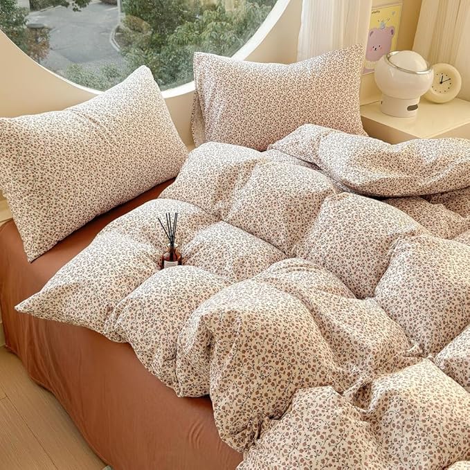 EAVD Chic Garden Small Floral Duvet Cover Twin Soft 100% Muslin Cotton Feel Gauze Vintage Floral Bedding Set with 2 Pillowcases Cottagecore Botanical Print Duvet Cover with Zipper Closure