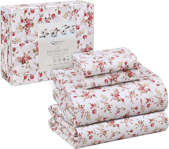 RUVANTI 100% Cotton Sheets Queen Size Set, 4 Pieces, Soft & Breathable Percale Weave Bedding, Deep Pocket 16", Hotel Standard, Crisp Cool Feeling, Durable, Perfect Floral Bed Sheet, Bouquet