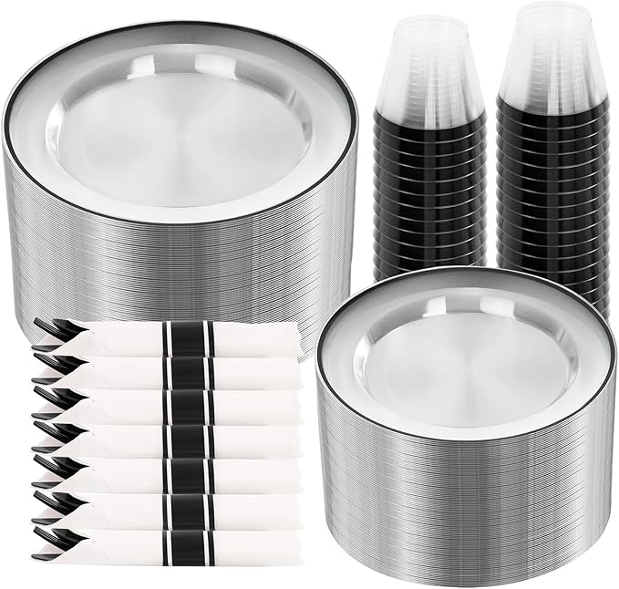 SUT 350 Pcs Black and Clear Plastic Dinnerware Set for 50 Guests, Include: 50 Dinner Plates, 50 Dessert Plates, 50 Pre Rolled Napkins With Silverware, 50 Cups, Disposable Plates for Party