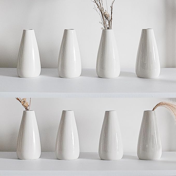 Modern White Ceramic Vase Set of 8 for Living Room Bedroom 5.1'' Minimalist Fresh Flower Vases for Home Decor Office Fireplace Centerpieces Nordic Style Gift for Fake Plant 8 Pack