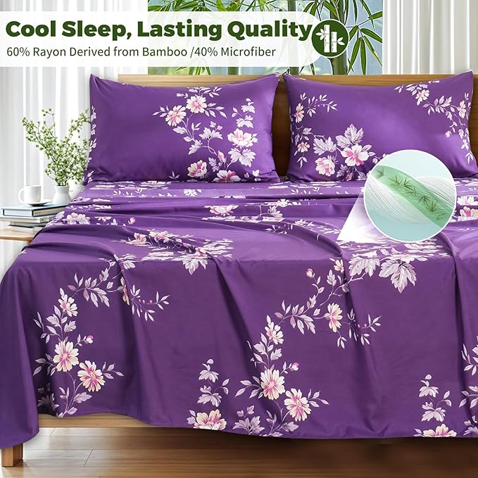 Bedlifes King Floral 4-Piece Sheet Set - Cooling Sheets Blend Rayon Derived from Bamboo,Soft & Breathable, Deep Pocket 16", Wrinkle Resistant - Vibrant Boho Floral Dark Purple