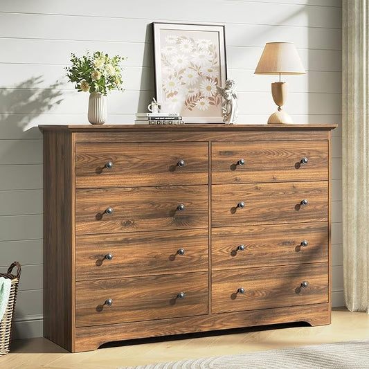 Brown Dresser for Bedroom，55" Wide 8 Drawers Dressers,Modern Wooden Chest for Living Room, Hallway