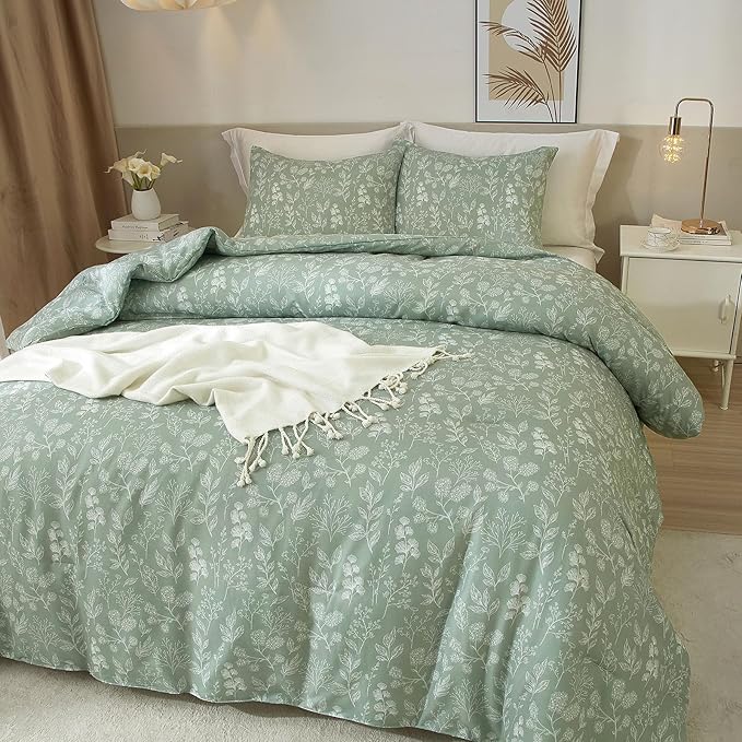 EAVD Vintage Style Garden Sage Floral Duvet Cover Full Soft Cotton Chic Shabby Cute Floral Botanical Bedding Set with 2 Pillowcases Fresh Reversible Botanical Duvet Cover with Zipper Closure