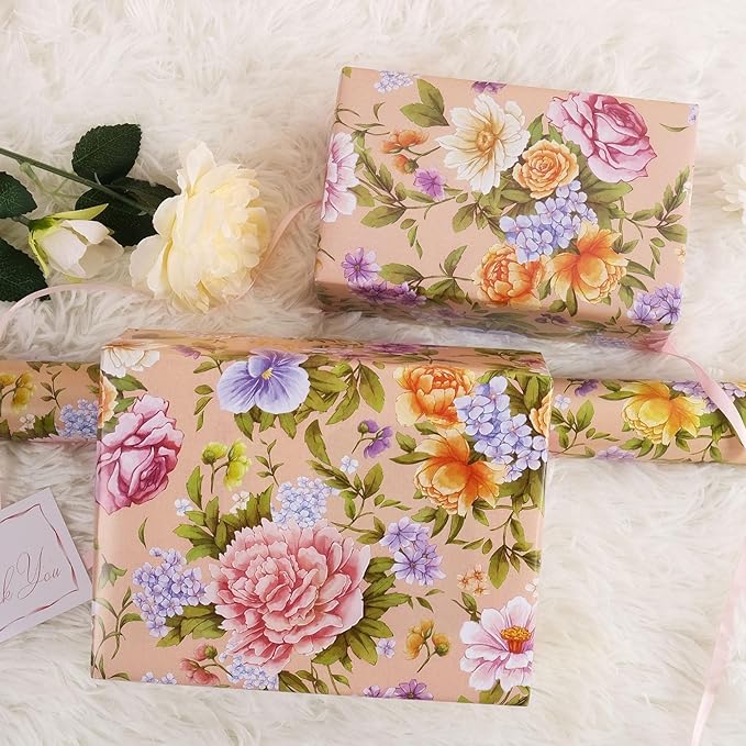 RayofSun Floral Wrapping Paper Roll Roll 17 in x 32ft Mini Roll Pink Peonies Yellow Roses Blooms Gift Wrap Paper for All Occasion Wedding Birthday Bridal Shower Party Wrapping Supplies