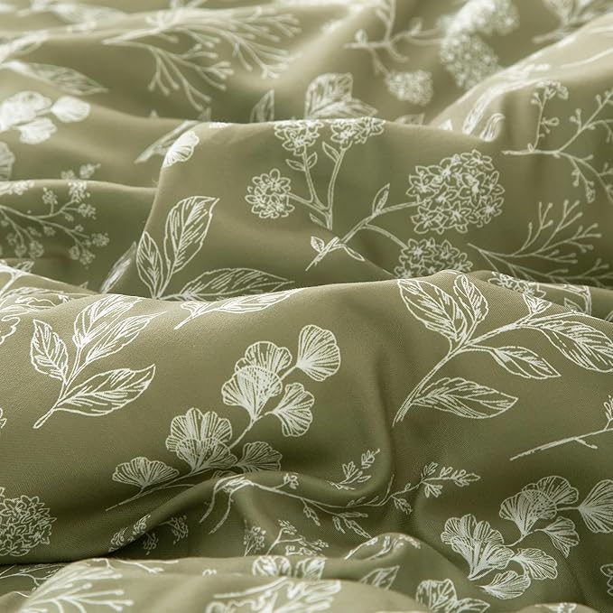 EAVD Vintage Style Garden Olive Green Floral Duvet Cover Full Soft Cotton Chic Shabby Cute Floral Bedding Set with 2 Pillowcases Fresh Reversible Botanical Duvet Cover with Zipper Closure