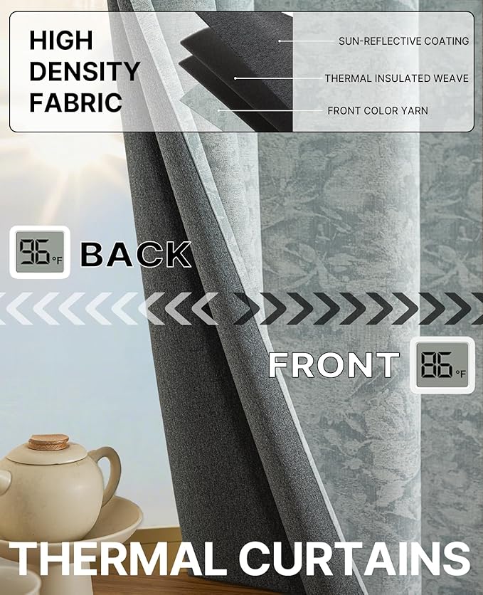 Chenille Floral Blackout Curtains 108 Inch Length 2 Panels Set - Bedroom Living Room Darkening Thermal Insulated Black Out Window Treatments Grommet Jacquard Drapes 52 Inch Wide Blue