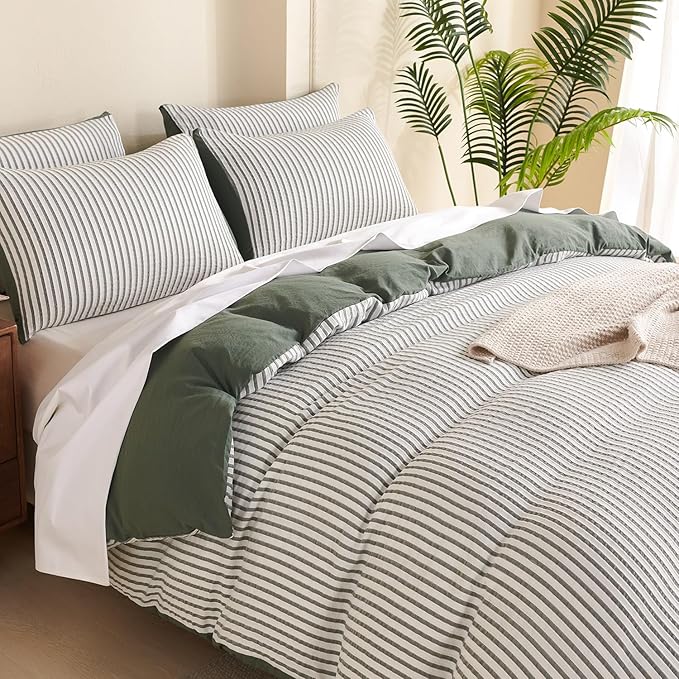 Duvet Cover Set Queen Striped Washed Microfiber Jacquard 3 Pieces Bedding Set, Green White Vertical Ticking Stripes Pattern Comforter Cover with Zipper Closure Breathable Durable Soft Comfy
