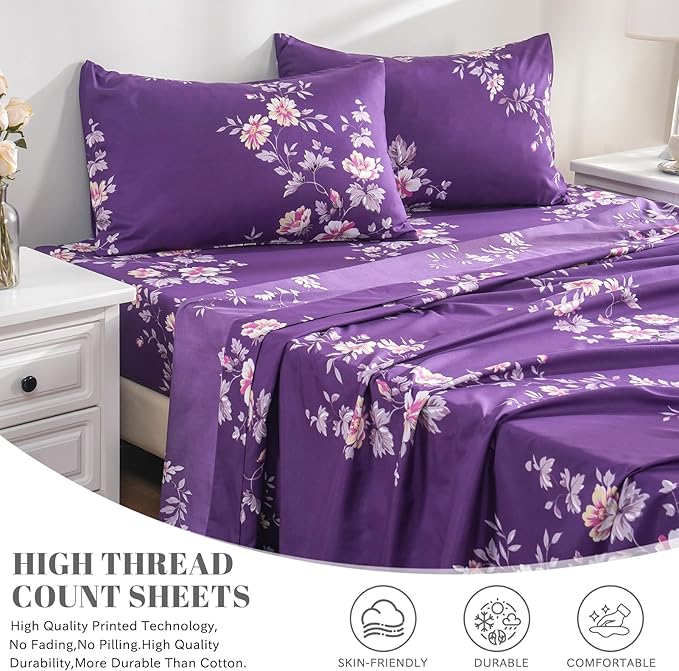 Bedlifes California King Sheet Set Ultra Soft, Breathable, Silky Flower Deep Pocket 100% Microfiber Bedding, 4 Piece Cal King Size Dark Purple Floral