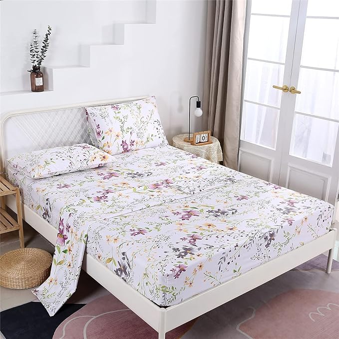 RYNGHIPY Cotton Floral Bed Sheet Set Full Size Botanical Flowers Print Bedding Shabby Garden Floral Bed Sheets