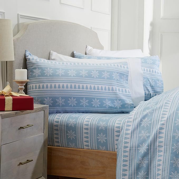 Market & Place 100% Cotton Twin Flannel Sheet Set | 3 Piece Deep Pocket Novelty Cozy Winter Bed Sheets | Double Brushed for Extra Softness & Comfort | Alpine Collection (Twin, Striped Snowflake)
