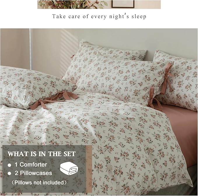 VM VOUGEMARKET Pink Flower Comforter Set Full Girl's Cute Floral Bedding Comforter Sets,Vintage Farmhouse Comforter with 2 Pillowcases for All Seasons(3pcs,Full)