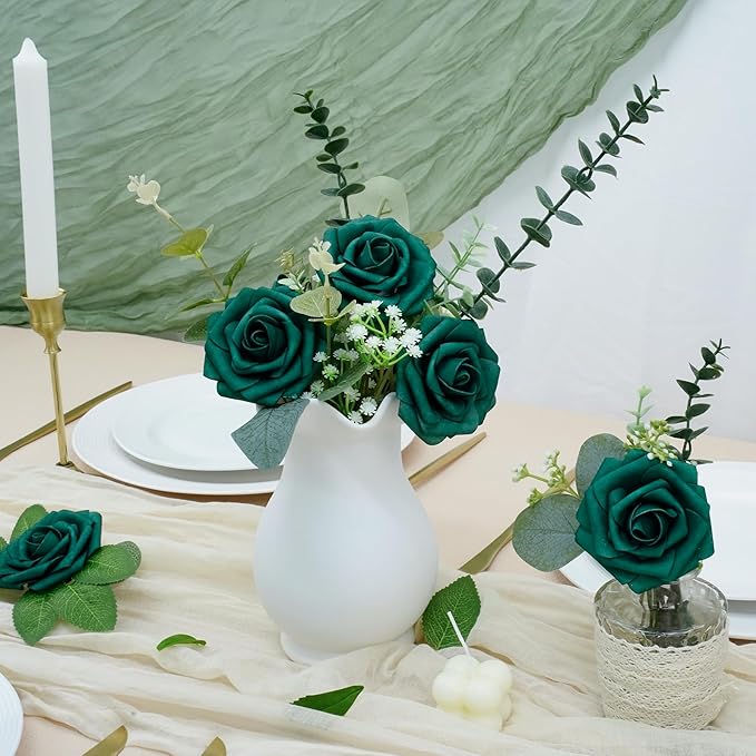 Artificial Flowers, 50pcs Hunter Green Artificial Rose for DIY Wedding Bouquets Centerpieces Arrangements, Fake Flower with Stem for Party Home Decrration
