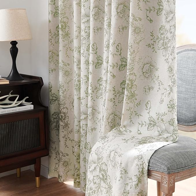 jinachan Blackout Curtains Linen Blend Floral Curtain for Living Room 96 Inch Length Christmas Sage Green Flower Printed with Lined Blackout Drapes for Bedroom Farmhouse Curtains Set 2 Panels