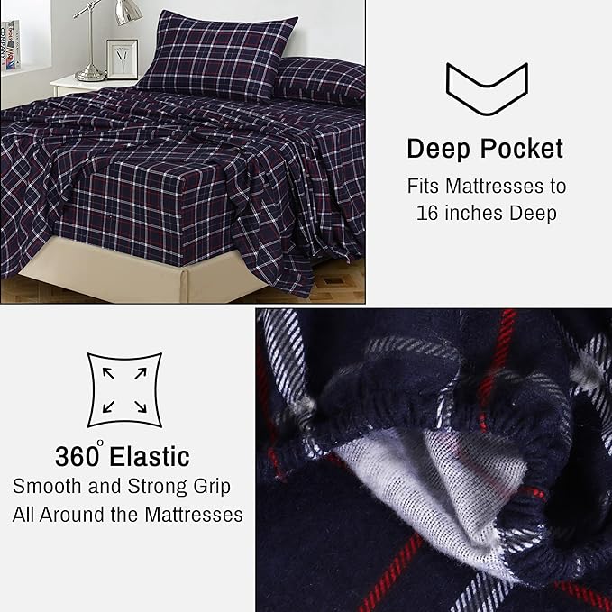 RUVANTI Flannel Sheets California King Size - 100% Cotton Brushed Cal King Bed Sheets Set - Deep Pockets 14 Inches - All Seasons Breathable & Extra Soft - Warm & Cozy, 4 Piece, Yankees Blue