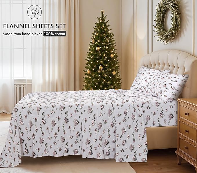 RUVANTI Flannel Sheets Full Size - 100% Cotton Double Brushed Bed Sheets Set, Deep Pockets 16 Inches, All Seasons Breathable & Extra Soft Full Sheets, Warm & Cozy, 4 Piece, Hilly Huts