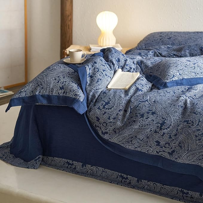 Vintage Navy Blue Duvet Cover Set King Paisley Print Duvet Cover Yarn-Dyed Cotton Jacquard Bedding Comforter Cover Boho Flower Paisley Bedding Set Farmhouse Style Breathable Duvet Cover for Men Women