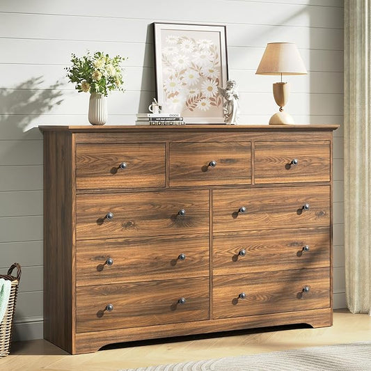 Brown Dresser for Bedroom，55" Wide 9 Drawers Dressers,Modern Wooden Chest for Living Room, Hallway