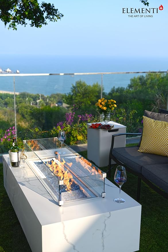 Elementi+ | Bundle Carrara Gas Fire Pit | Marble Porcelain & Metal Frame | 60" Rectangular Fire Table | Electronic Ignition | Canvas Cover, Fire Glass & Burner Lid Included | White | Propane Gas