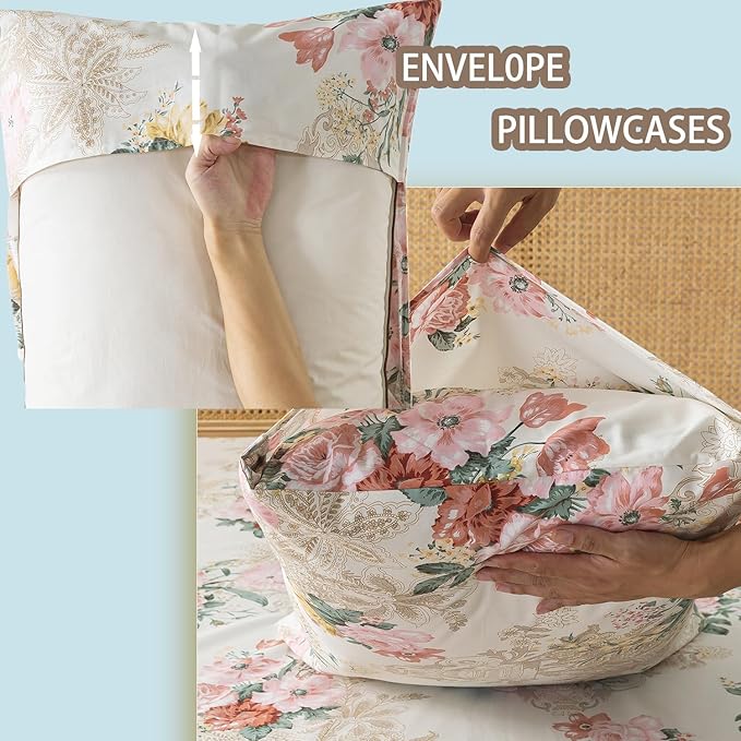 Zusbest Full Floral Bed Sheets, Soft 100% Cotton Pink & Cream Sheets, Shabby Vintage Chic Peony Flower Printed Paisley Bed Set, Breathable Luxury Bedding 4 Piece Deep Pocket 17.5‘’