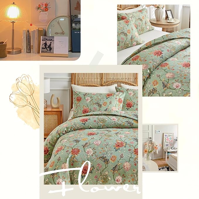 LifeTB Farmhouse Floral Comforter Full Comforter Set Botanical Flowers Vines Pattern on Green Floral Bedding Comforter Set Fluffy Soft Microfiber Aesthetic Bedding Botanical Comforter for All Seasons