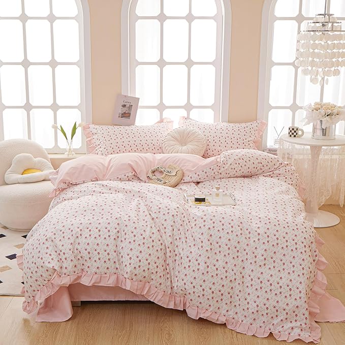 LifeTB Ruffle Duvet Cover Twin Cute Pink Red Flower Duvet Cover 100% Cotton Girls Floral Bedding Cover Reversible Pink Striped Ruffle Comforter Cover Romantic Princess Lace Bedding Set for Teen Girls