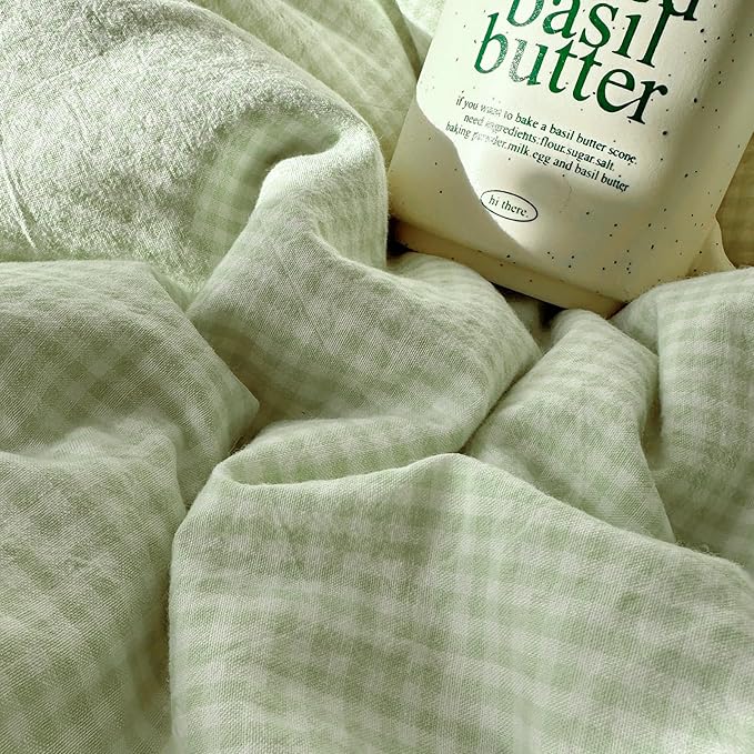 LifeTB Green Gingham Comforter Set King Romantic Lace Style Vintage Checkered Plaid Comforter Set 3 Pieces Green Grid Comforter with 2 Pillowcases Soft Fluffy Farmhouse Gingham Bedding Set King