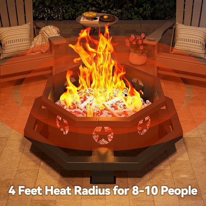 Auhilence 43 inch Large Fire Pit, Outdoor Fire Pit with Heavy Duty Construction, Wood Burning Fire Pits for Outside Octagonal Firepit for Camping, Backyard, Patio, Black